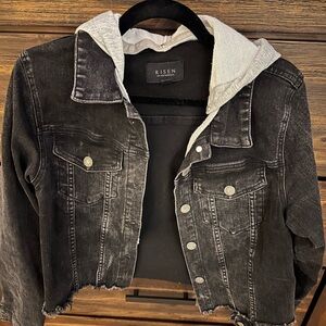 Risen cropped distressed denim jacket